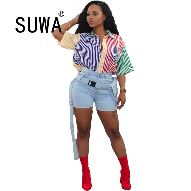 Женская блузка в радужную полоску Повседневная Туника с коротким рукавом и