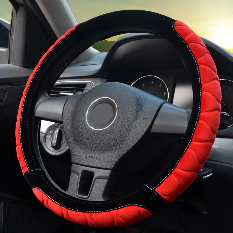 2020 New 38cm Autumn Winter Red Plush Sport Style Anti-slip sweat Leather Braid Steering Wheel Cover Furry Car Accessories