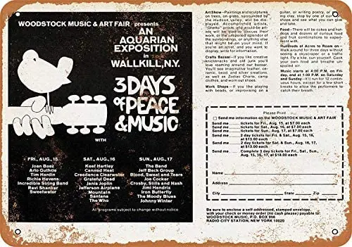 

1969 Woodstock Wallkill Ad 12 X 8 Inches Retro Metal Tin Sign - Vintage Art Poster Plaque