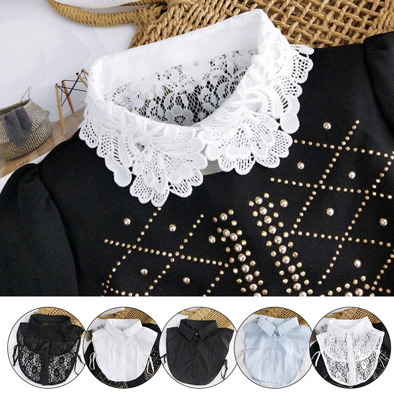 

Women Lace Doll Fake Collar Blouse shirt Detachable Collar Lapel Top Collars For Ladies Solid Color False Tie Decor Collar