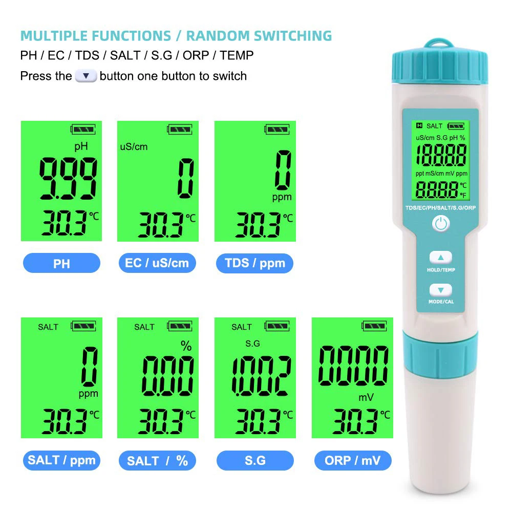 

Digital 7 in 1 PH/TDS/EC/ORP/Salinity /S. G/Temperature Meter Water Quality Analyser PPM TDS Monitor ORP Tester For Aquariums
