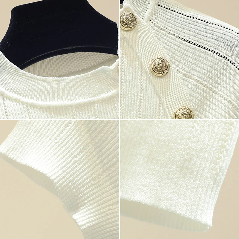 

shintimes Thin Knitted White T Shirt Button Short Sleeve Tshirt Women 2021 Summer Solid Casual T-Shirt Female Tee Shirt Femme
