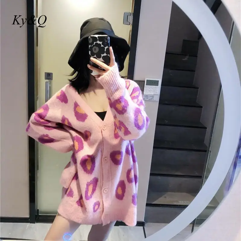 Женский вязаный свитер из мохера Lazy Wind розовый Свободный кардиган с v-образным