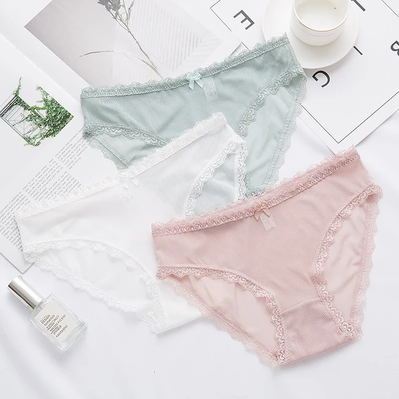 Women Underwear Seamless Briefs Low Waist Lace Ice Silk Bow Breathable Comfortable Tempting Female Lingerie Panties UW44