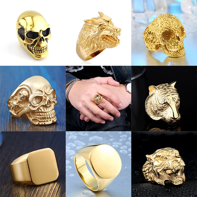 

Golden Tiger Gothic Titanium Kull Stone Rings Punk Rock 316L Stainless Steel Finger Ring Mens Biker Male Jewelry