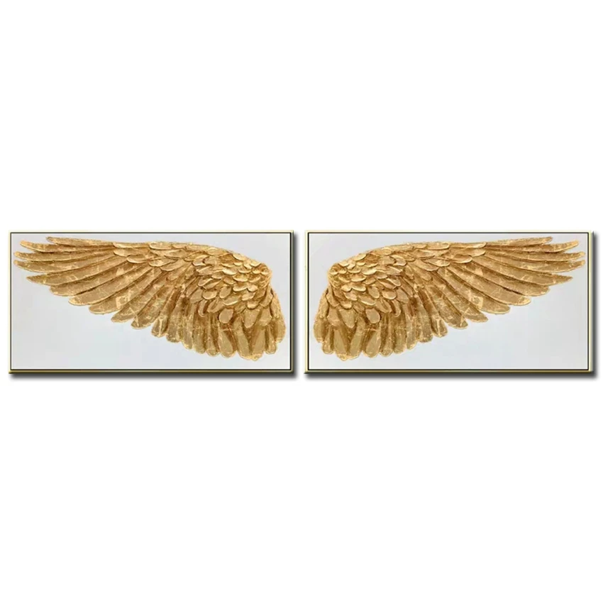 Новый большой размер 2 панели абстрактные Золотые Крылья Картина маслом холст