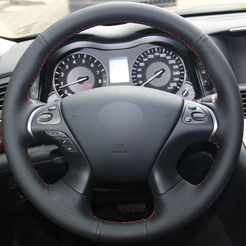Сшитый вручную черный чехол рулевого колеса автомобиля из натуральной кожи для