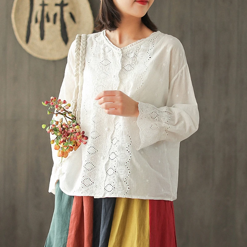 Простая Весенняя хлопковая рубашка с вышивкой и длинными рукавами Женская