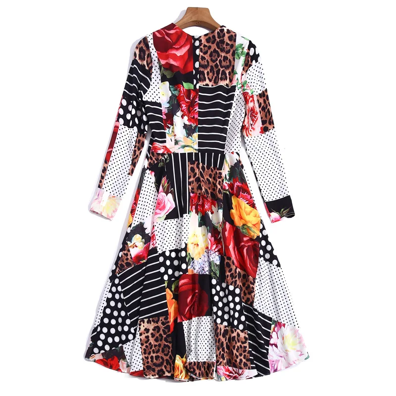 

Fashion 2021 Spring New Women'S Holiday Style Party Classic Runway Retro Elegant Print Patchwork Slim Long Sleeve Midi Dress
