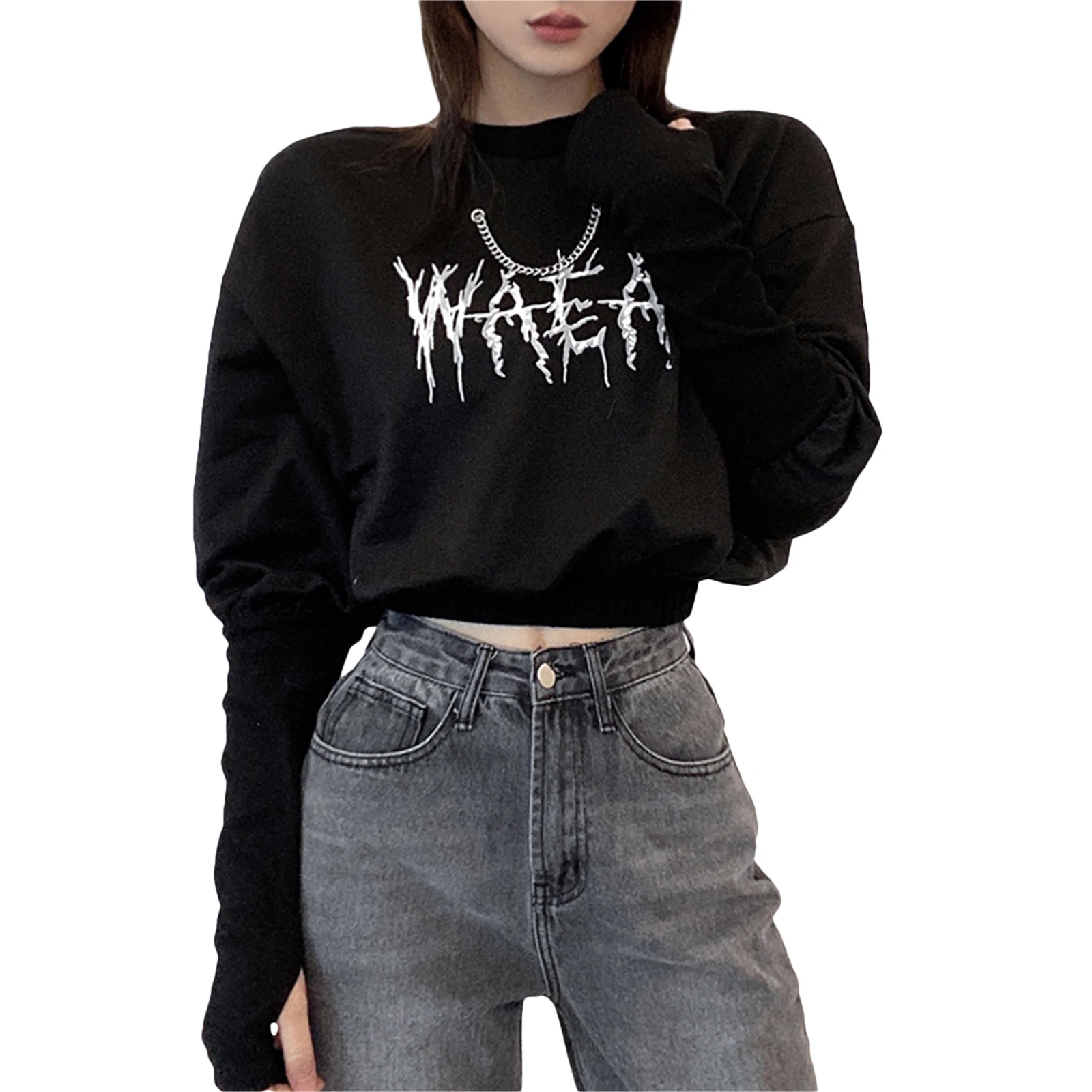 

Autumn Women Y2K Gothic Hip Hop Letter Print Sweatshirt Female Casual Long Sleeve O-Neck Crop Tops with Chain Streetwear Hoodies