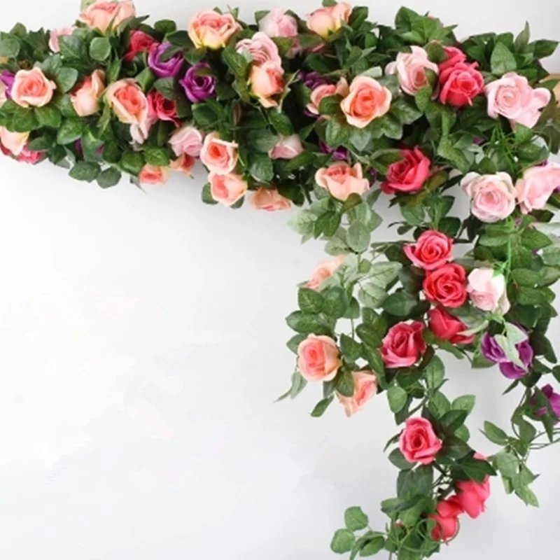 

2.2m 9Heads Artificial Roses Flowers Silk Rattan String Vine Green Leaves Home Wedding Garden Decoration Hanging Garland Wall
