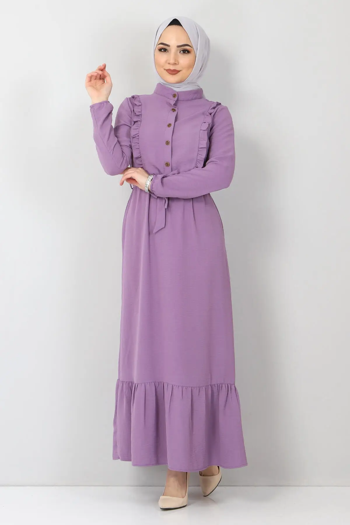 

Women Lilac Front Ruffled Dress Ayrob Fashion Muslim Women Hijab Dress