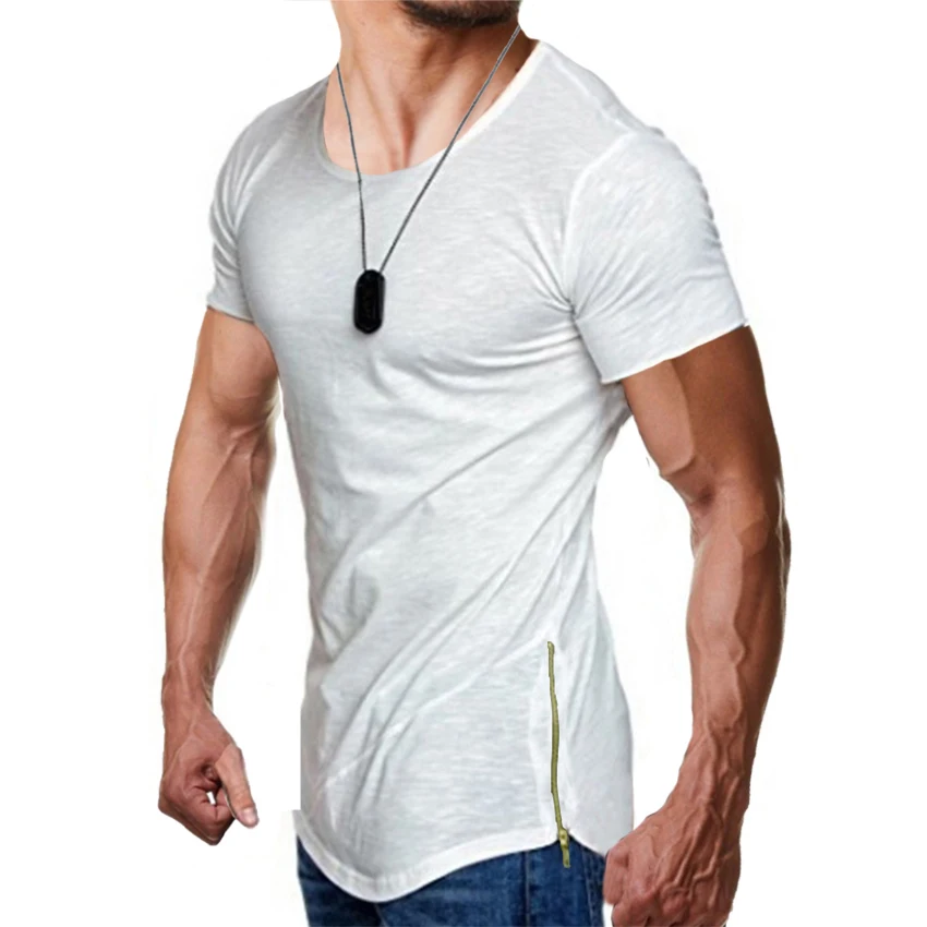 

Мужская повседневная Однотонная футболка с боковой молнией, с круглым вырезом, Забавный Хип-хоп стрейч, футболка с коротким рукавом, хипсте...