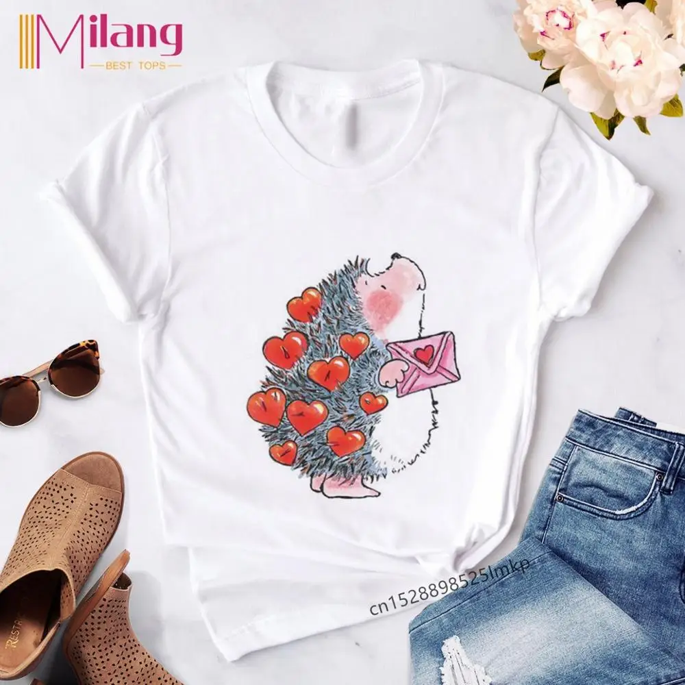 Женская футболка с принтом ежика и одуванчика свободная круглым вырезом Прямая