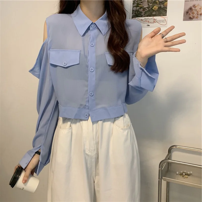 

Irregular Lapel Fake Pocket Long Sleeve Shirt Design Sense Niche Shoulder Digging Short Top Women's Transparent Hong Kong Style