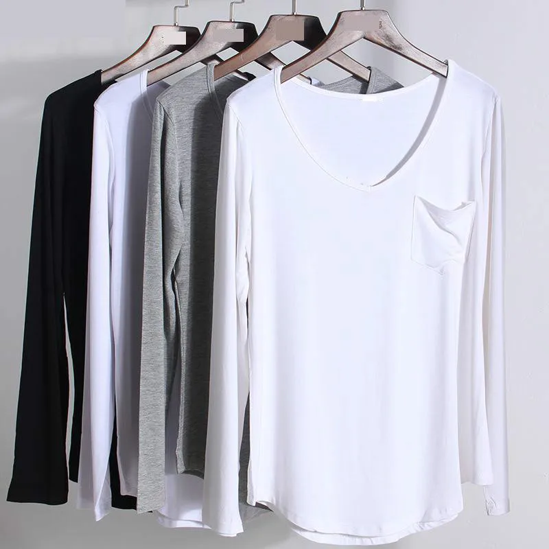 Модальный длинный рукав v образный вырез 4 цвета футболки весна лето Новое