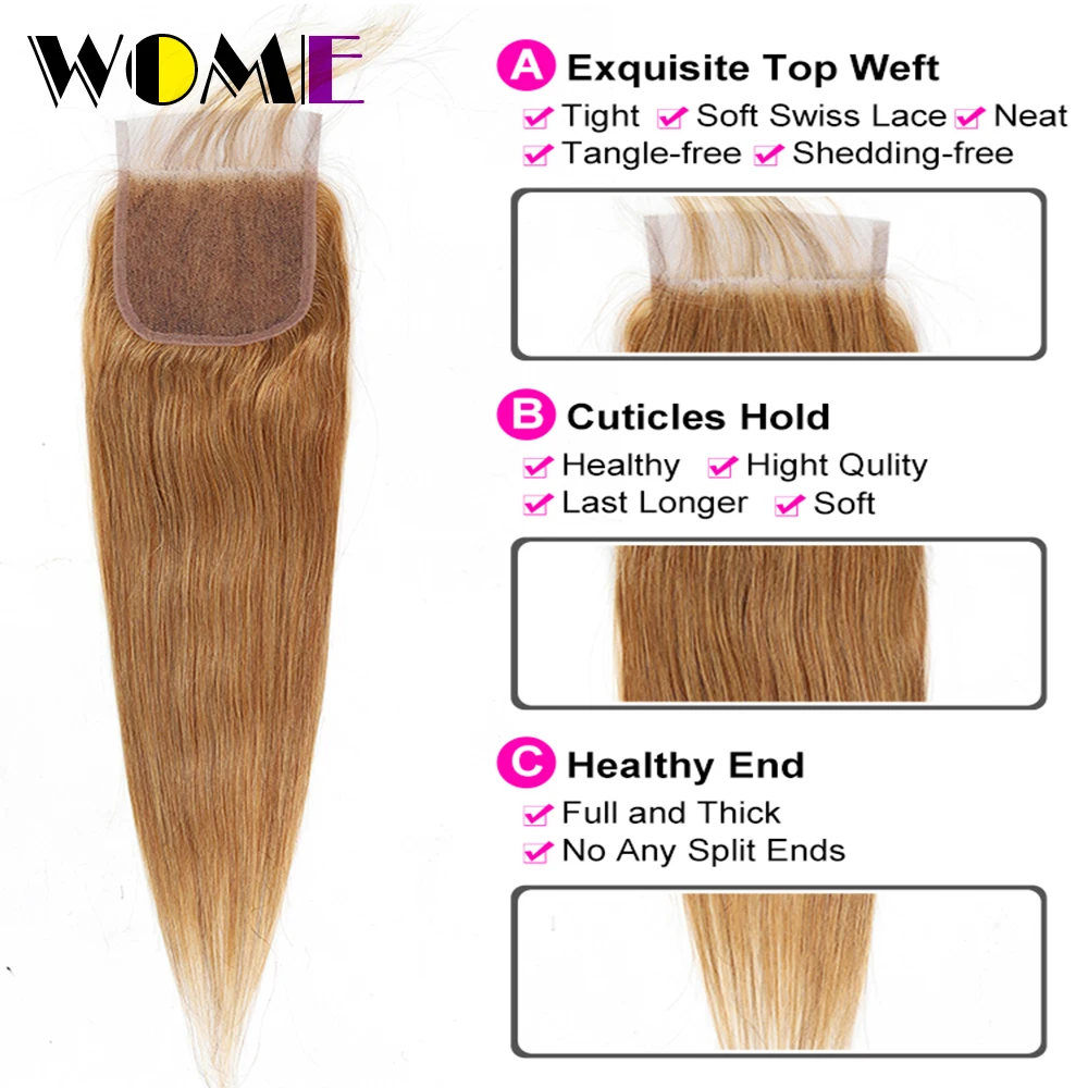 Wome Малазийские Волосы 3 пучка с 4x4 синтетическое закрытие шнурка прямые #27 медовый