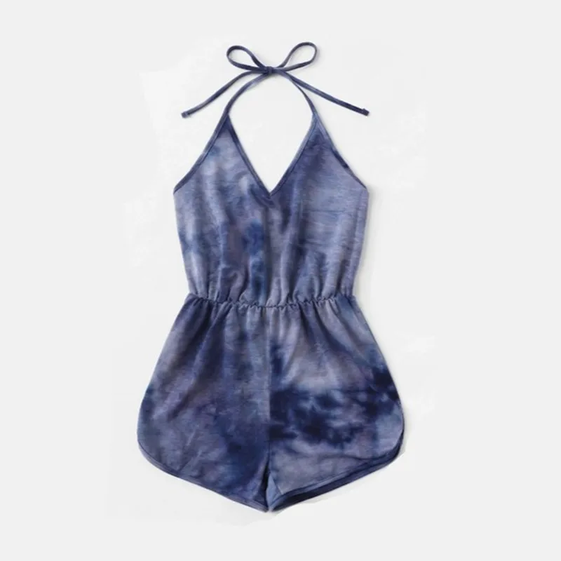 

Tie Dye Print Jumpsuit Playsuit Casual Summer Gradient Colored Halter Backless Shorts Beachwear Women Sportswear Streetwear 2020