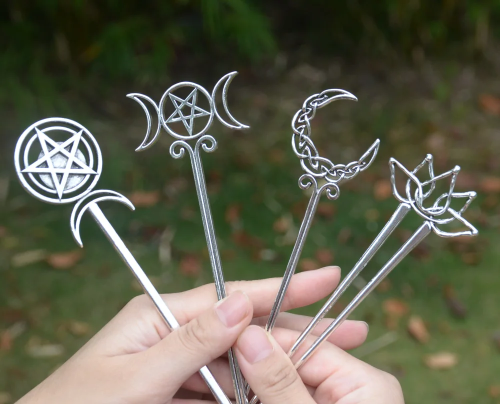 

Witch Celtics Crescent Moon Pentagram Lotus Hair Sticks Magic Mysterious Hairpin Wiccan Pagan Gothic Hair Jewelry For Gift