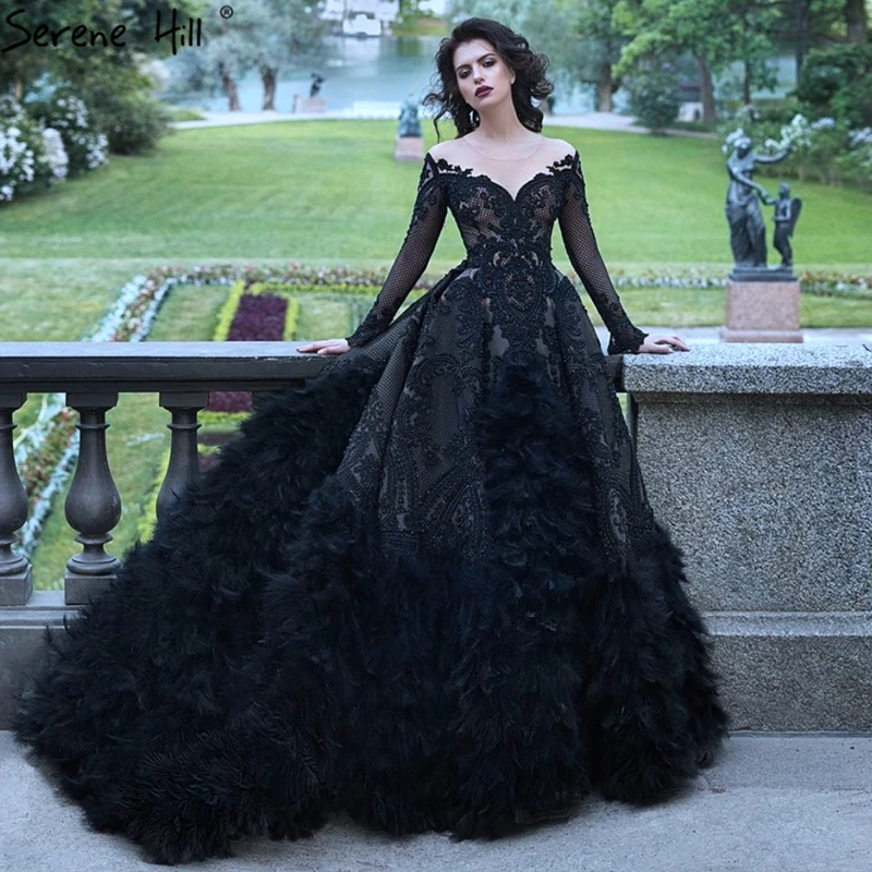 Черное свадебное платье Serene Hill с длинным рукавом 2020 Дубай круглый вырез Бисер