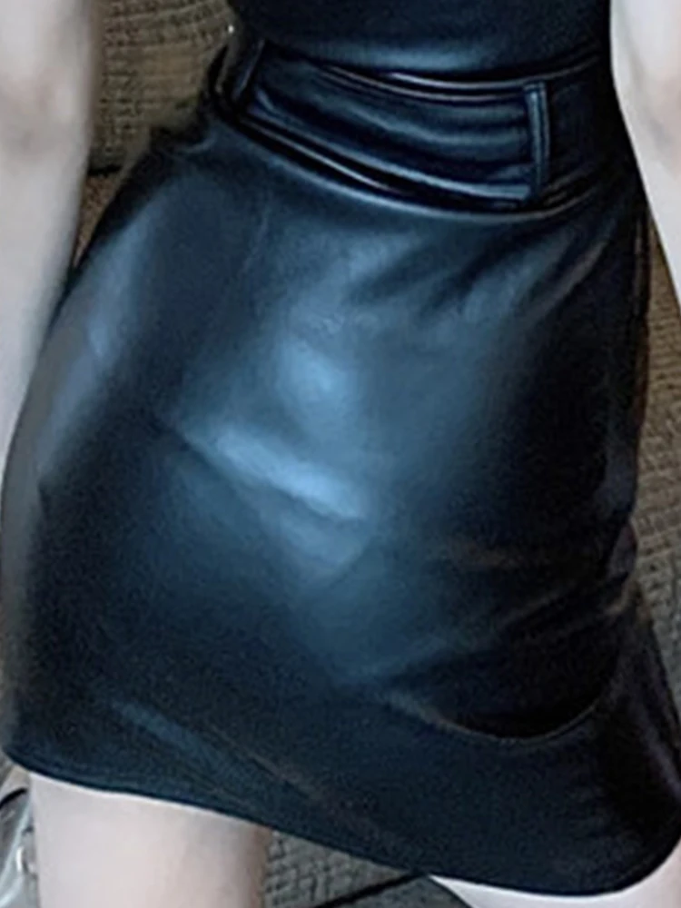 

Lautaro Black Soft Faux Leather Mini Tube Dress Zipper Belt Bodycon Strapless Backless Sundress 2021 Fashion Women Clothing
