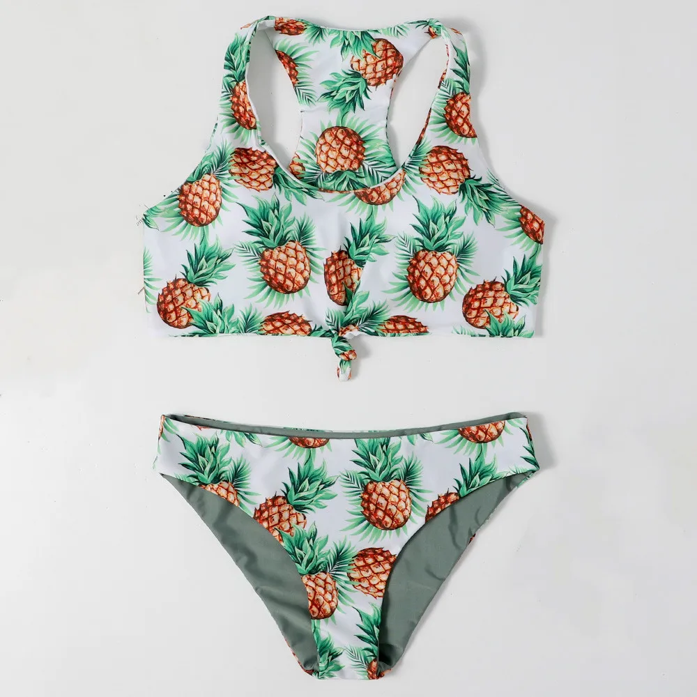 

Купальник-бикини женский из двух предметов с принтом ананасов и высокой талией