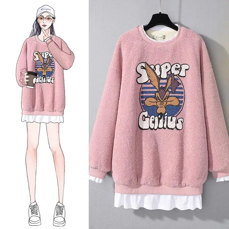 

Fake Two-piece Oversized Women Sweatshirt Loose Korean Plus Velvet Thickening Lamb Wool Round Neck Sweater Women Coat Pullover