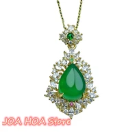 emerald green chalcedony pendant chain gold plated inlaid drop shaped agate jade zircon necklace high quality jewelry