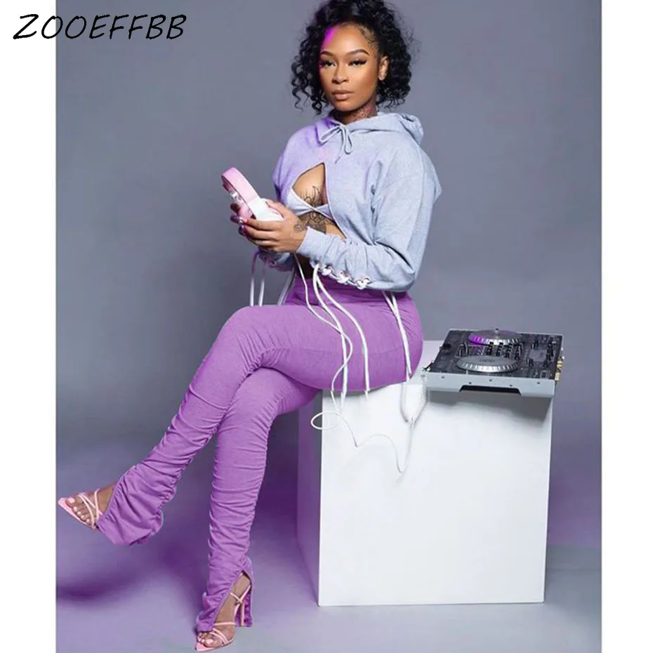 ZOOEFFBB Высокая талия низ Разделение Ruched наборный треники для женщин Эластичные