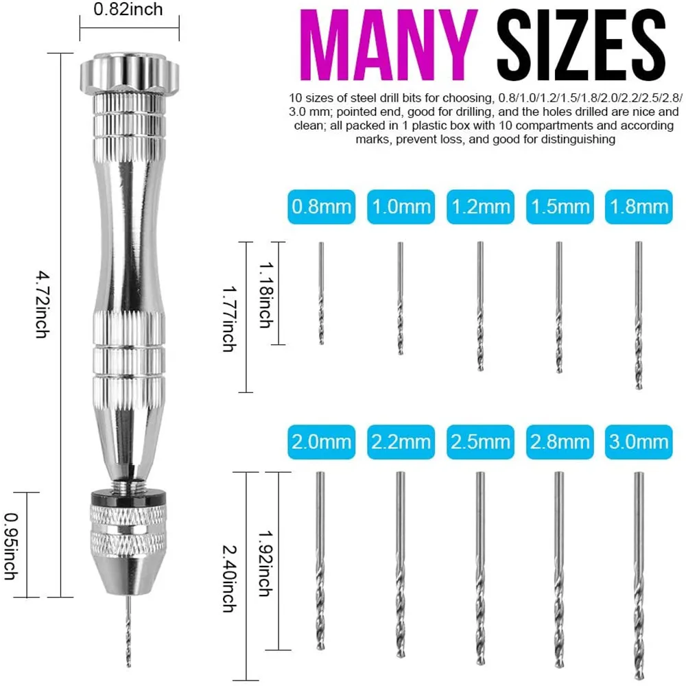 

0.8-3 mm Aluminum Hand Drill with Keyless Chuck + 10 Units Torsion Drill Mini Jewelry Woodworking Rotary Drilling Tools