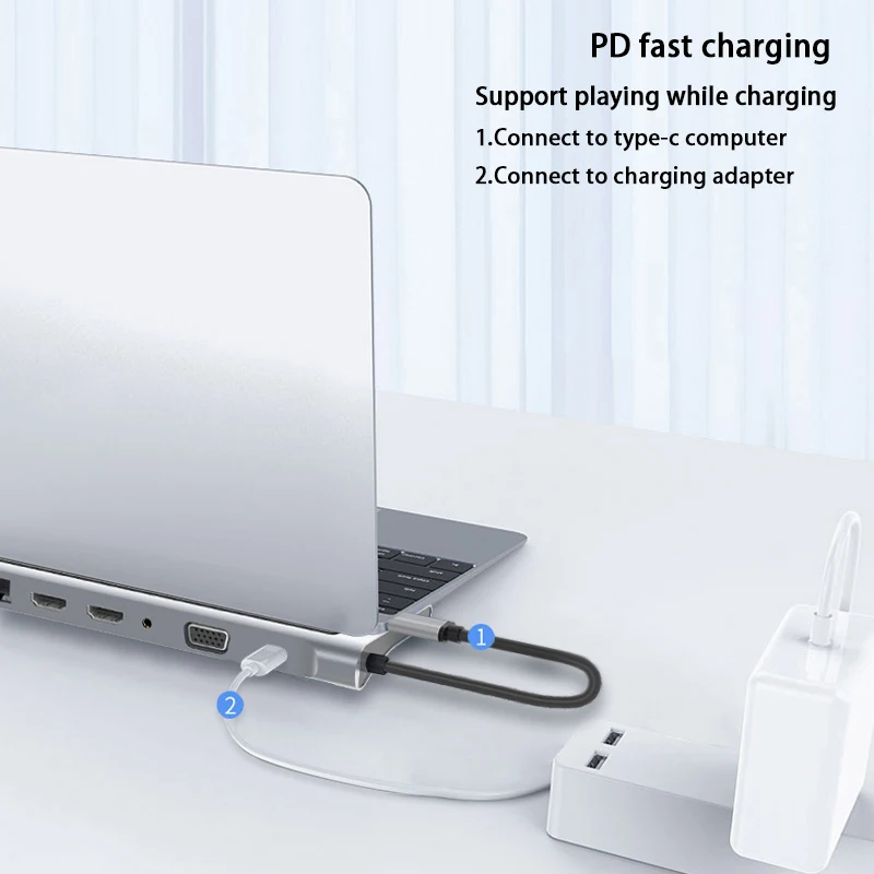 

12-In-1 USB Type-C Hub to Dual Hdmi Rj45 Multi USB 3.0 Power Adapter Docking Station for Laptop Support Pd Transmission