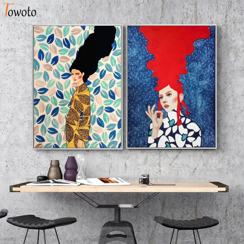 Абстрактная Картина на холсте с изображением девушек волос цветов птиц Модные