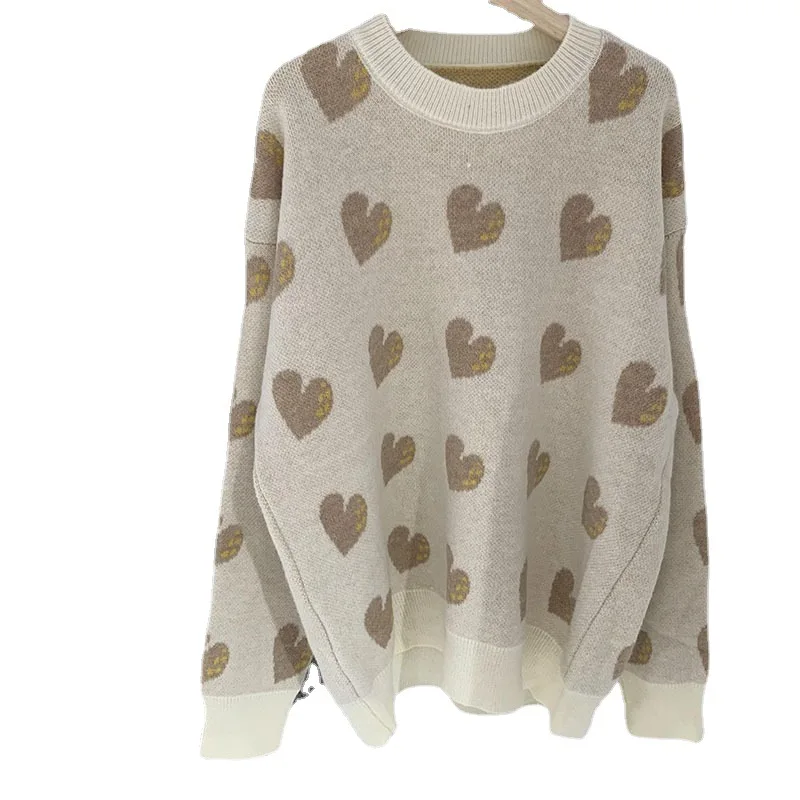 

2021 Love Pattern Round Neck Sweater Femal Fashion Lazy Wind ong Sleeve Loose Knit Bottoming Sweater Pullover Spring Autumn