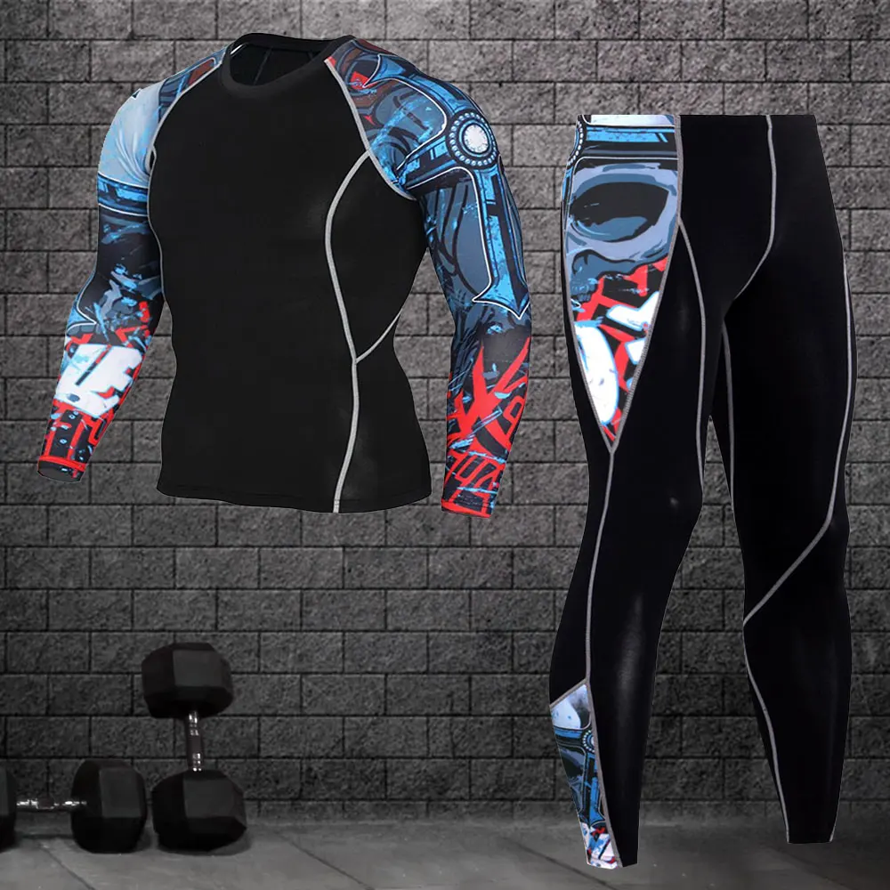 Мужской спортивный компрессионный комплект для бега футболка + обтягивающие