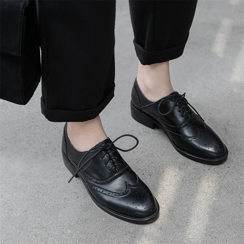 

Meotina High Heels Women Pumps Natural Genuine Leather Chunky Heel Brogue Shoes Real Leather Round Toe Shoes Ladies New Size 39