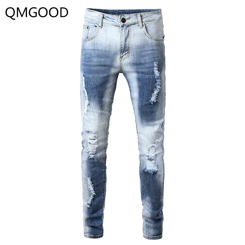 QMGOOD Мода для мужчин s Slim Fit деним рваные джинсы повседневные Прямые мужские