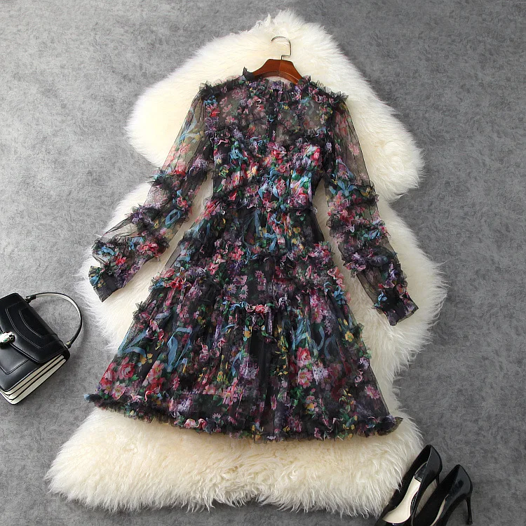 

2021 spring women's Bohemian print close waist ear edge super fairy mesh dress t11826