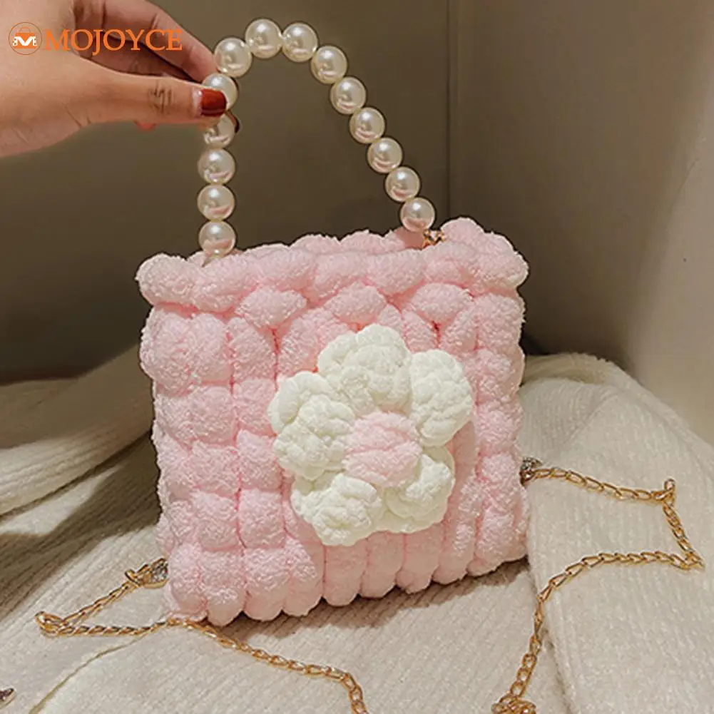 

Kawaii DIY Flower Ball Shoulder Bag Women Casual Pearl Chain Crossbody Bags Winter Soft Tote Handbags For Women Girls Mini Purse