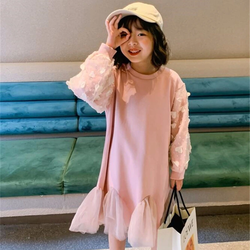 

Teens Kids Dresses for Girls Princess Pink Petal Sleeve Mesh Dress 2021 New Children Elegant Clothing