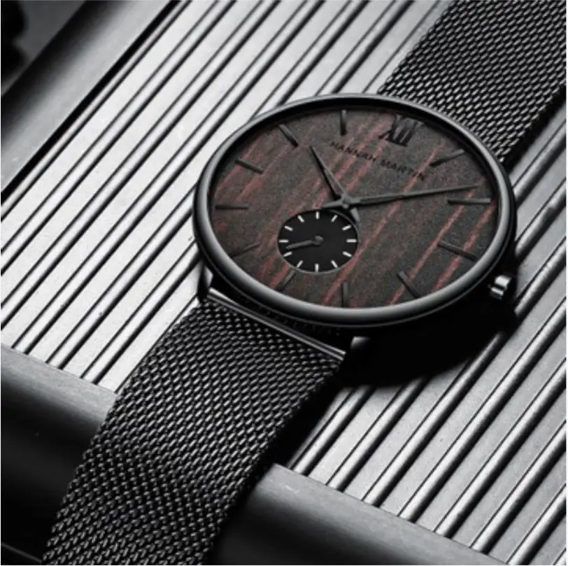 

Men's ebony wood grain bamboo wood surface wood wood watch two-hand and a half stainless steel black stainless steel mesh strap