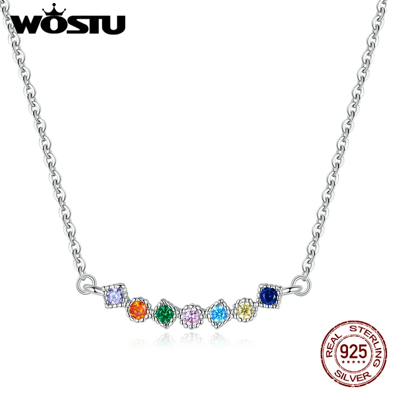 

WOSTU 925 стерлингового серебра Радуга ожерелье блестящие красочные циркон длинные звено цепи ожерелье для женщин ювелирные изделия CQN451