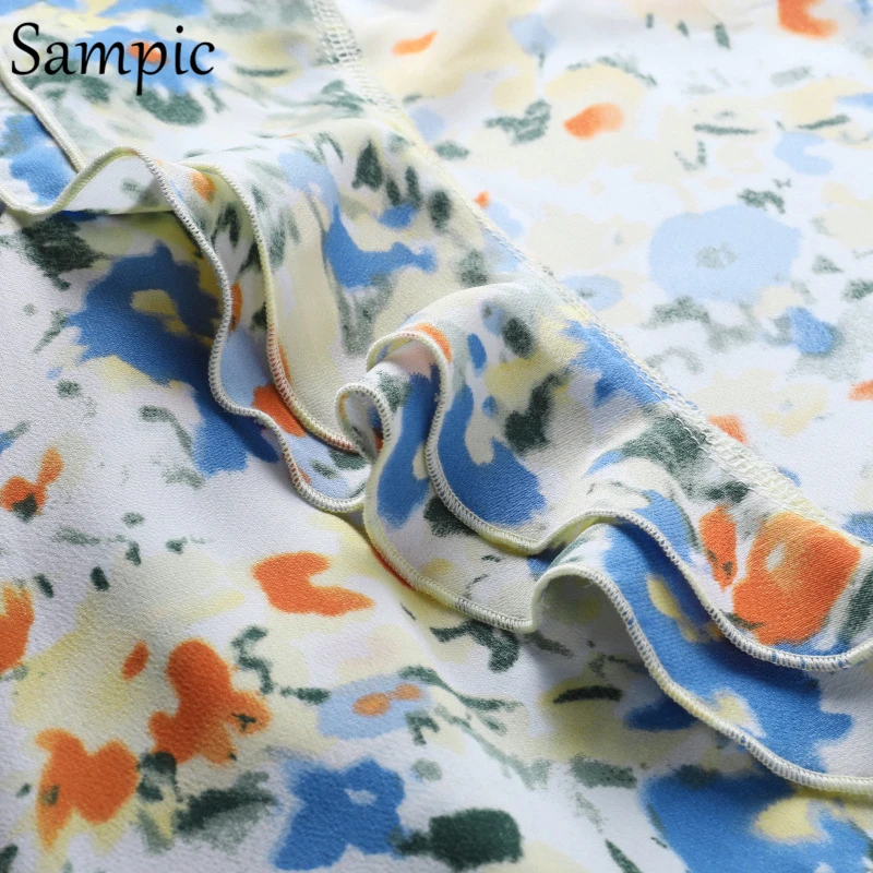 

Sampic Ruffles Floral Print Boho Casual Long Sleeve Women Short Blouse Shirt 2021 Skinny Lace Up Sexy Club Fashion V Neck Tops