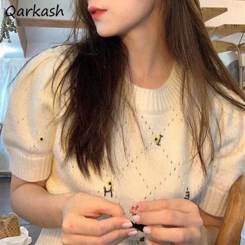 

T-shirts Women Knitted Sweetie Slim Crops Fashion Summer New Short Sleeve Basic Streetwear Chic Preppy Style Aesthetic Simple