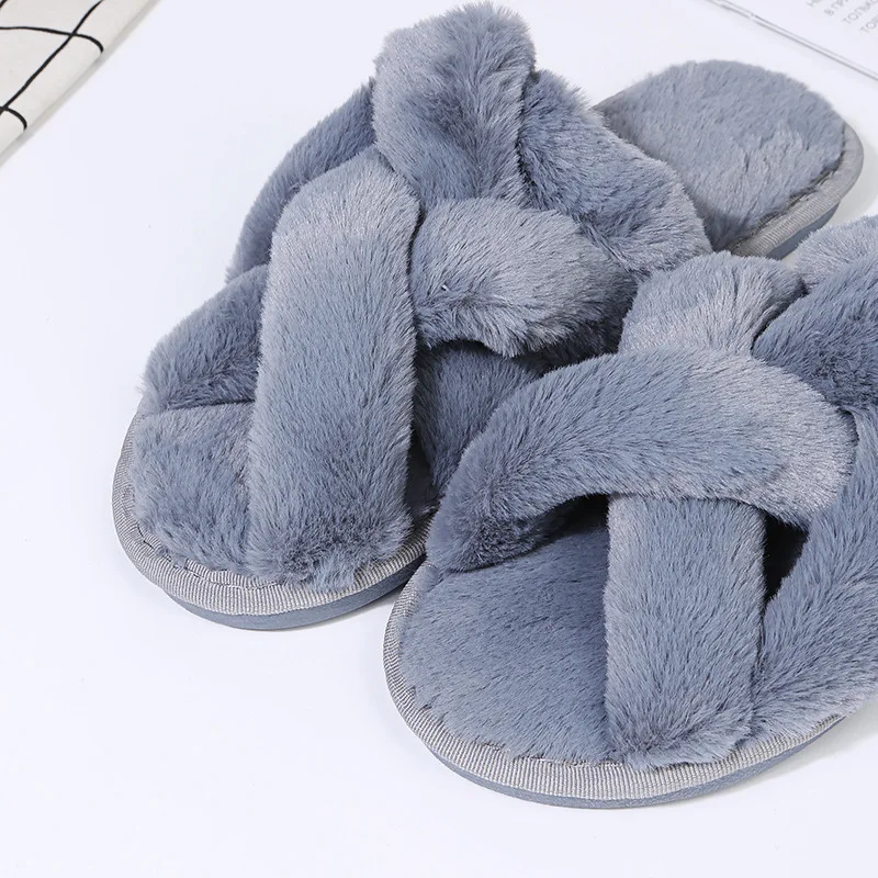 

2021Winter House Slippers Faux Fur Weave Warm Shoes Woman Slip On Flats Female Slides Solid Cross-strap Furry Home Slippers Girl