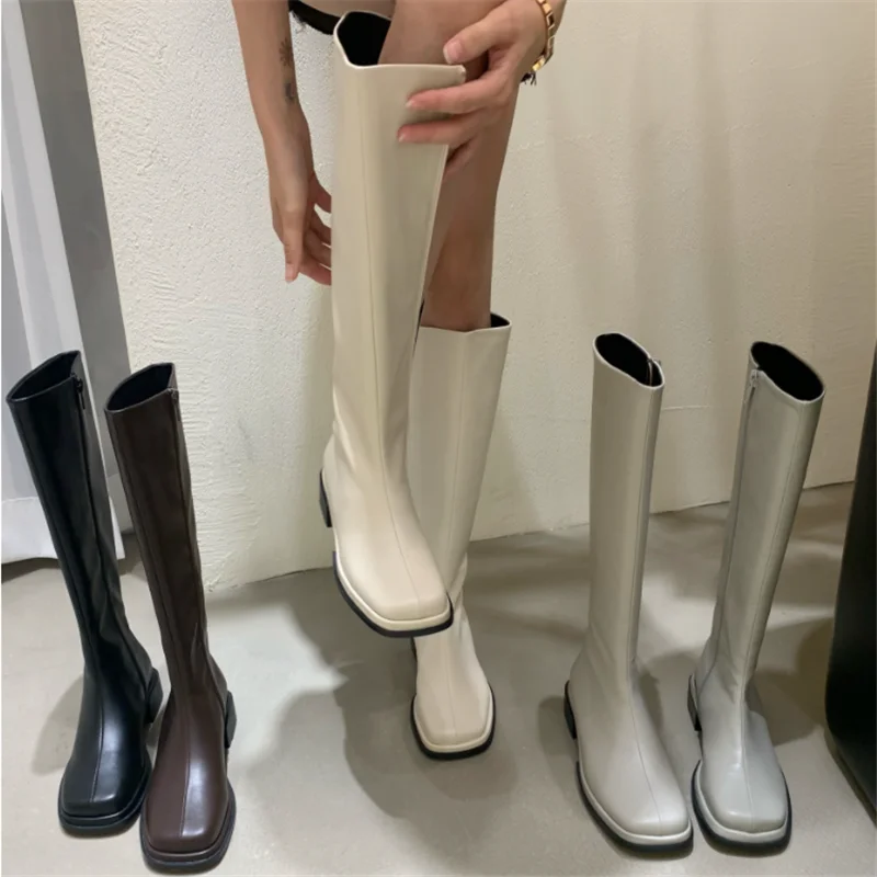 

Модные женские кожаные сапоги до колена, привлекательные облегающие вечерние Клубные сапоги с квадратным носком, черные, белые рыцарские д...