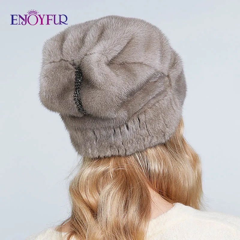 ENJOYFUR с натуральным норковым мехом Шапки на толстой подошве, женская теплая со всей норковые меховые шапки модные стразы женские шапки новые меховые шапки-бини