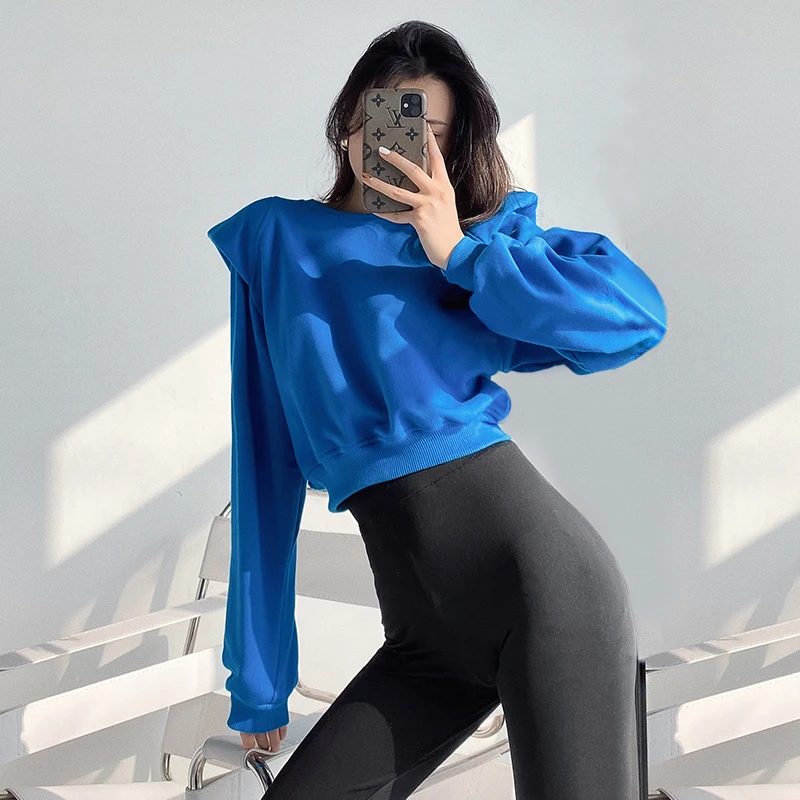 

Women Padded Shoulder Crop Sweatshirt Crew Neck Pullover With Shoulder Pads