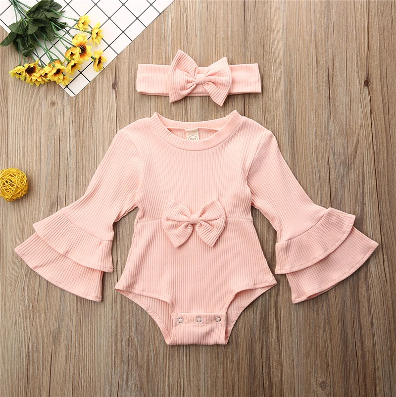 

2PCS Newborn Baby Girl Winter Clothes Ruffle Romper Bow Jumpsuit Rib Outfits Set