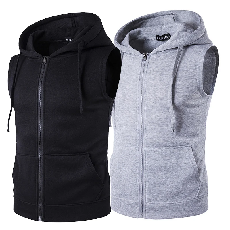 Mens Hooded Sleeveless Zip Casual Sweatshirt Hoodies 2021 Summer Autumn Solid Color Cotton Jacket Vest Waistcoats Top