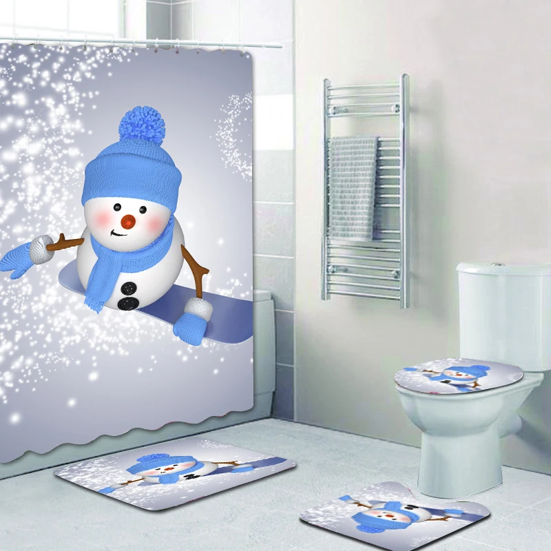 

Christmas Snowman Waterproof Bathroom Shower Curtain Toilet Mat Set Optional Carpet Toilet Covers